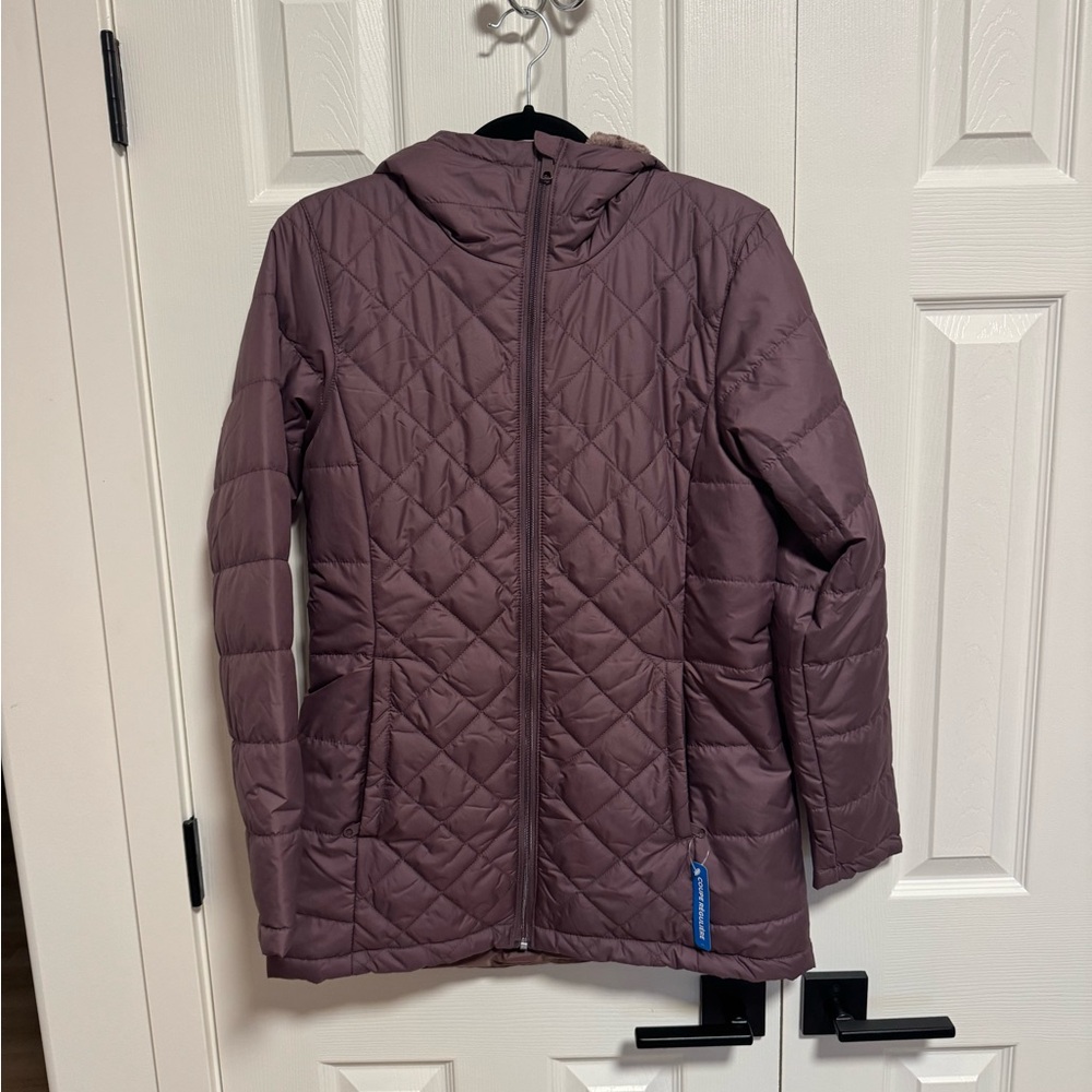 Women’s Columbia Jacket with Hood, plush lined, Brown, size M